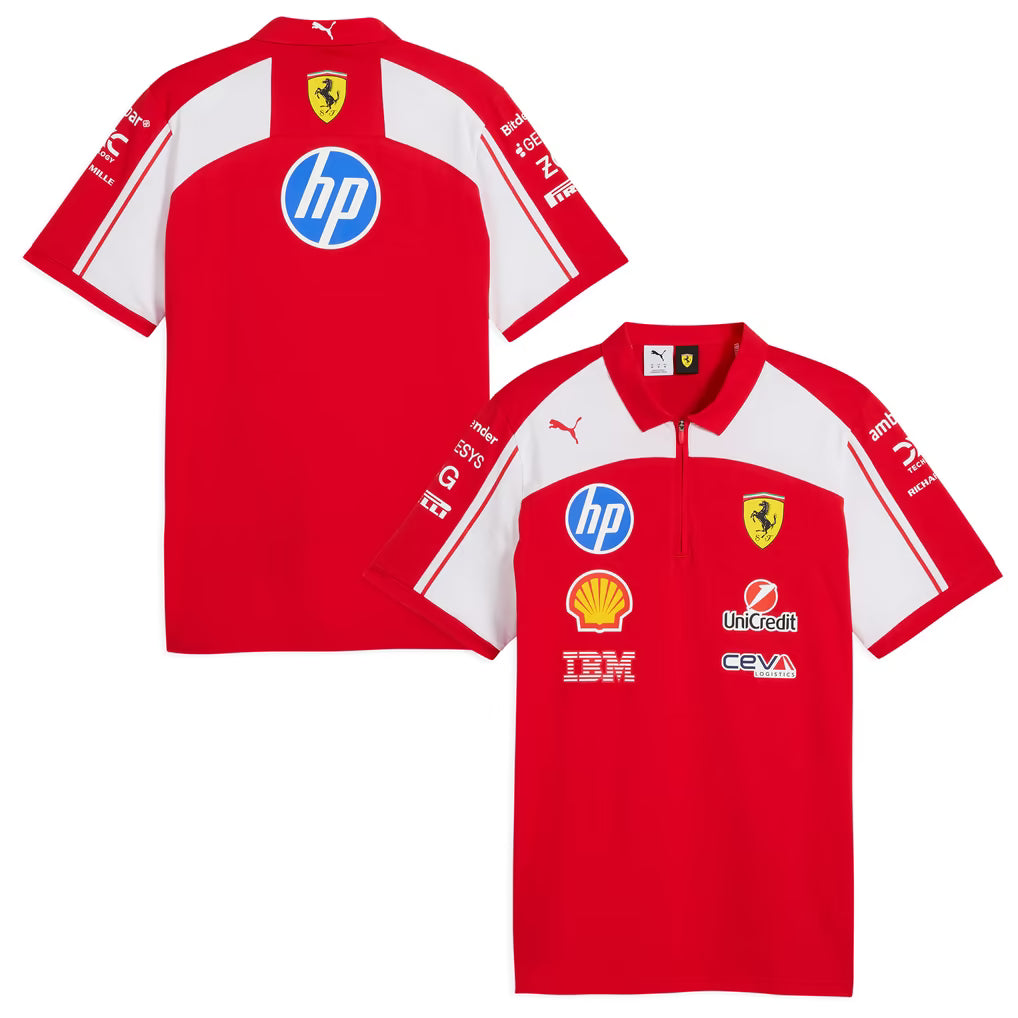 Official Scuderia Ferrari 2026 team polo shirt in red with white details, featuring the team shield and sponsor logos.
