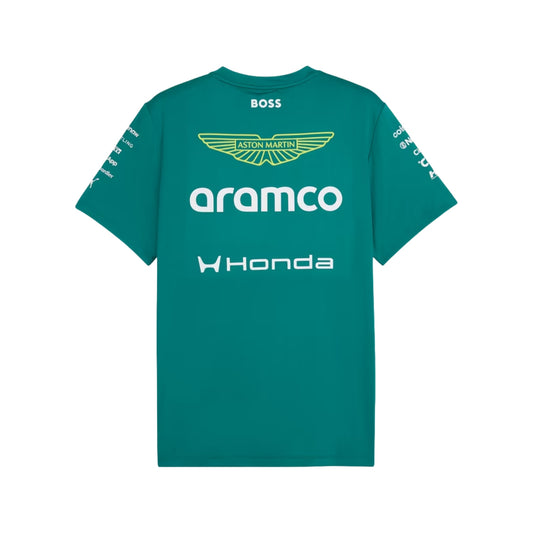 A racing green Aston Martin F1 2026 team t-shirt featuring a crew neck and official partner logos including Aramco, Honda, BOSS, and Cognizant across the chest.