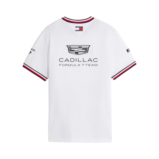A white Tommy Hilfiger Formula 1 Team t-shirt featuring a ribbed crew neck and sleeve cuffs with red and navy stripes, and official sponsor logos including Cadillac and Pirelli across the chest and sleeves.