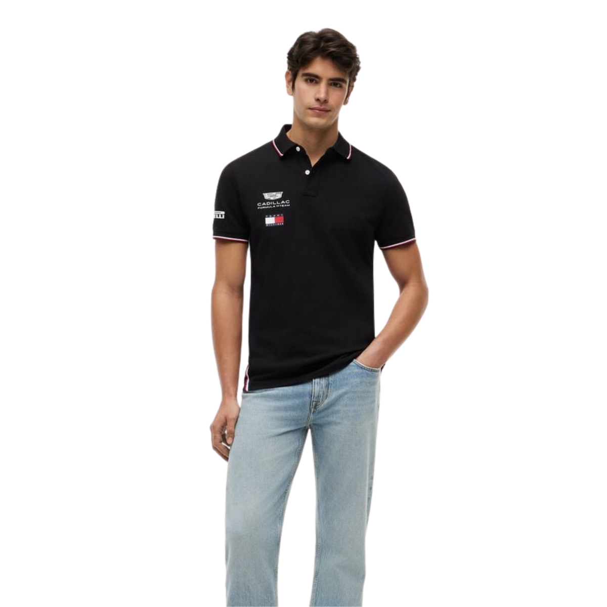 Official Cadillac 2026 team polo shirt in black, featuring sponsor logos including Tommy Hilfiger and Pirelli.