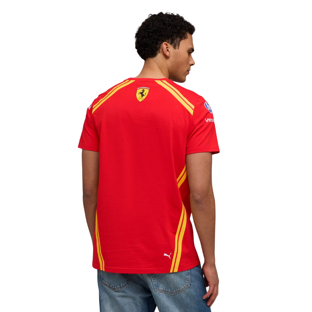 A red Ferrari Hypercar 2026 team t-shirt featuring a crew neck with yellow shoulder stripes, and official partner logos including FAGE and AF Corse across the chest.