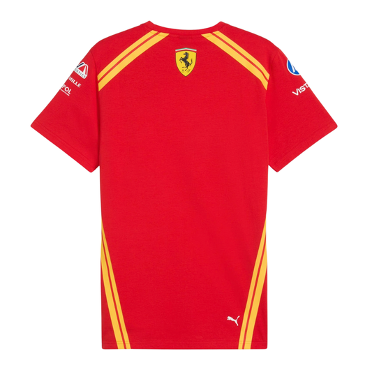 A red Ferrari Hypercar 2026 team t-shirt featuring a crew neck with yellow shoulder stripes, and official partner logos including FAGE and AF Corse across the chest.