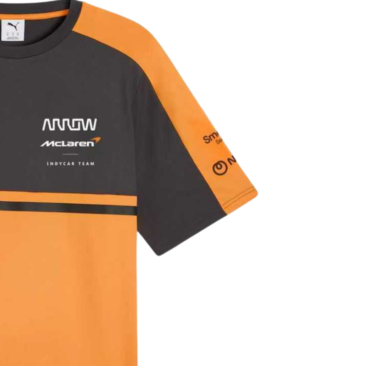A papaya orange and charcoal Arrow McLaren IndyCar Team t-shirt featuring a crew neck, orange shoulder panels, and official partner logos including Chevrolet and Arrow McLaren IndyCar Team across the chest.