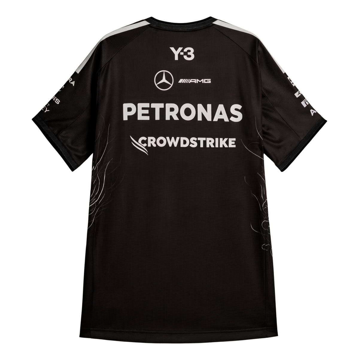 A special edition black Mercedes-AMG Petronas 2026 team t-shirt featuring a large graphic of a howling wolf's face on the front, white shoulder stripes, and official partner logos including Mercedes-AMG, Petronas, and Y-3 across the chest.