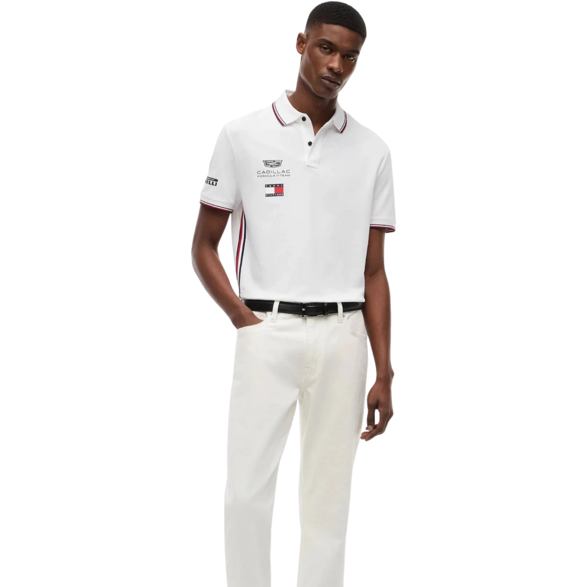 Official Cadillac 2026 team polo shirt in white, featuring sponsor logos including Tommy Hilfiger and Pirelli.