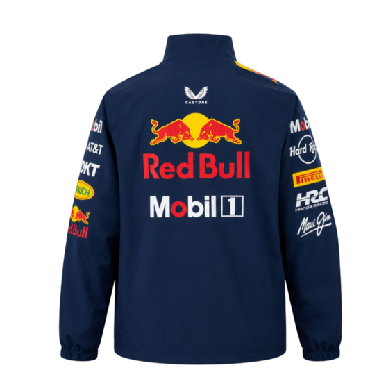A dark blue Oracle Red Bull Racing 2026 team windbreaker jacket featuring a full front zipper, stand-up collar, and official partner logos including TAG Heuer, Mobil 1, Oracle, and Honda across the chest.