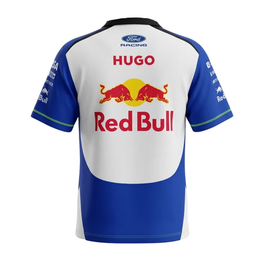A white and blue Visa Cash App RB (VCARB) F1 2026 team t-shirt featuring a crew neck, blue sleeves, and prominent partner logos including Visa, Cash App, Ford Racing, and Hugo across the chest.