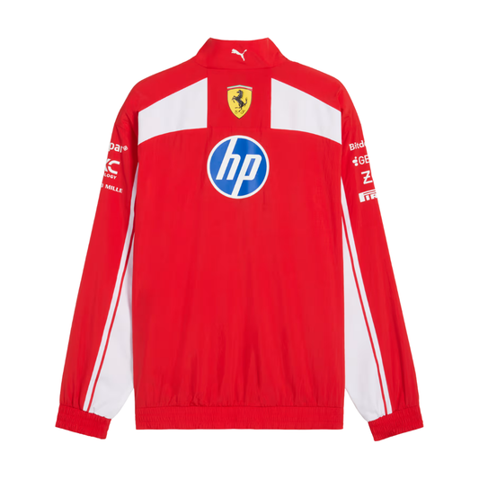 Red and white Scuderia Ferrari 2026 Team windbreaker jacket featuring a full zip and sponsor logos including HP and Shell