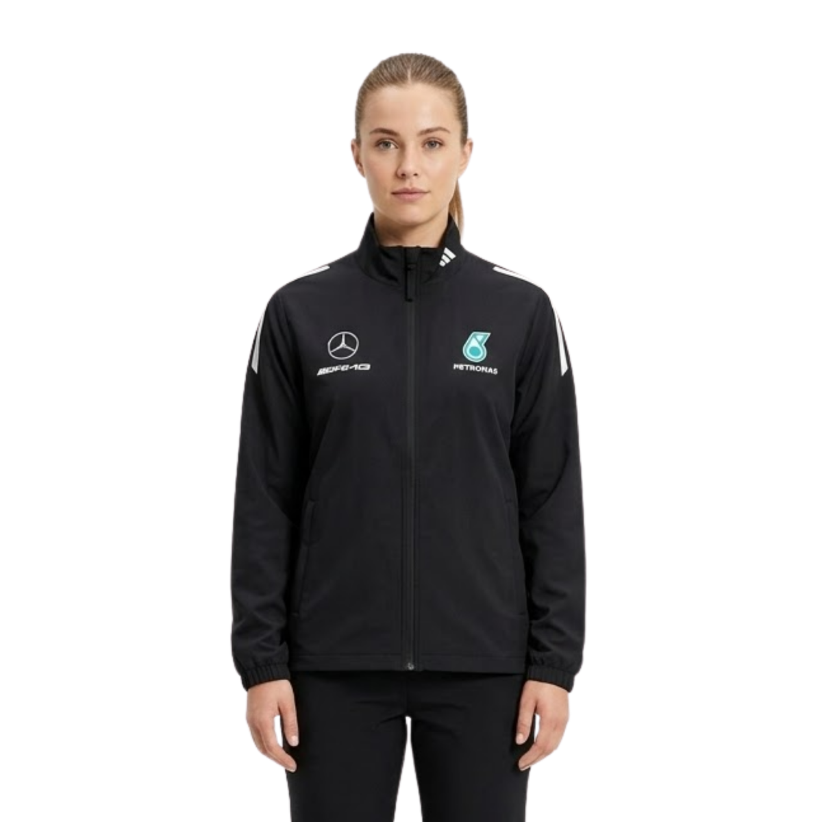 A black Mercedes-AMG Petronas F1 team windbreaker jacket, featuring a full front zipper and the Mercedes-Benz and Petronas logos on the chest.