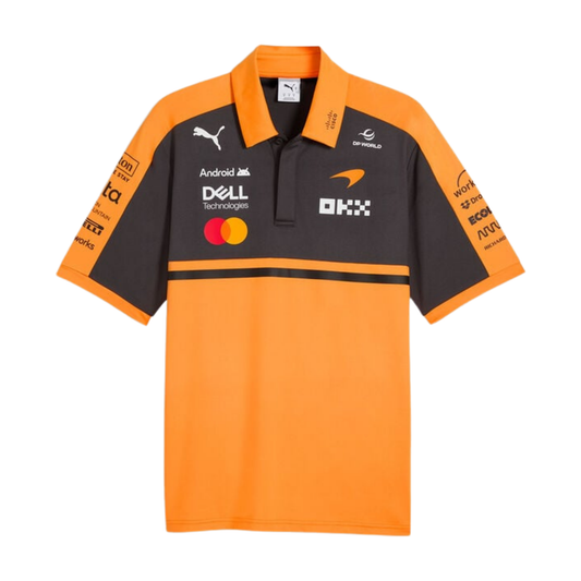 Official McLaren 2026 team polo shirt in orange and dark grey, featuring sponsor logos including OKX, Dell Technologies, and Puma.