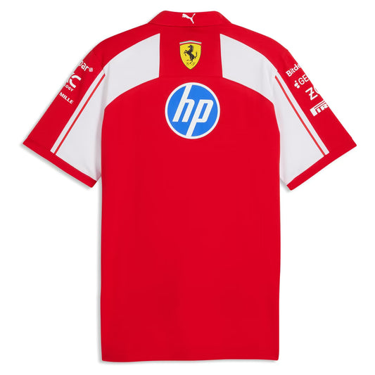 Official Scuderia Ferrari 2026 team polo shirt in red with white details, featuring the team shield and sponsor logos.