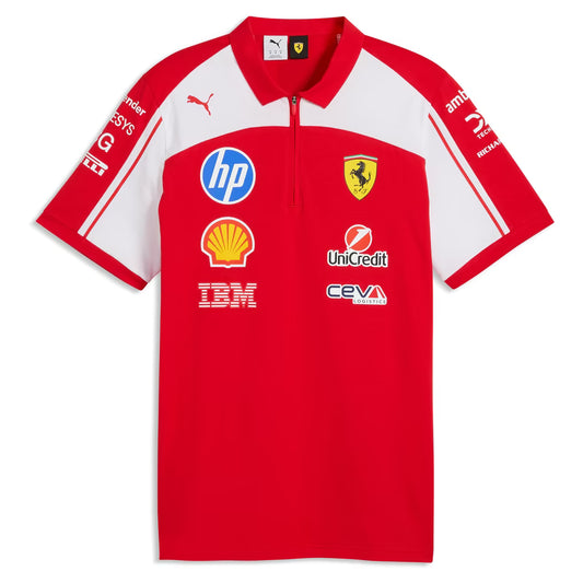 Official Scuderia Ferrari 2026 team polo shirt in red with white details, featuring the team shield and sponsor logos.