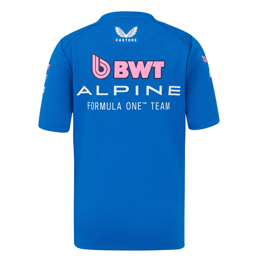 A blue and pink BWT Alpine F1 Team 2026 team t-shirt featuring a crew neck, pink piping accents, and official partner logos including BWT, Eni, and MSC across the chest.