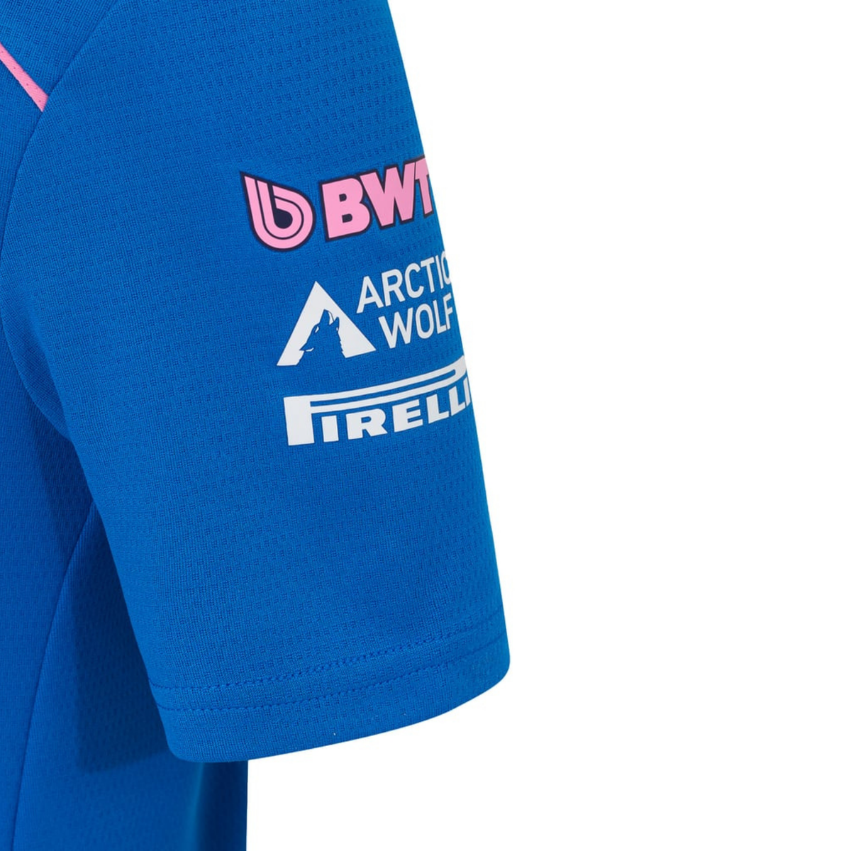 A blue and pink BWT Alpine F1 Team 2026 team t-shirt featuring a crew neck, pink piping accents, and official partner logos including BWT, Eni, and MSC across the chest.