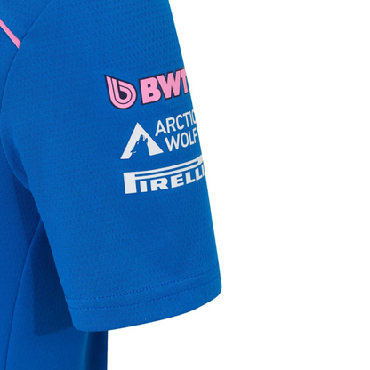 A blue and pink BWT Alpine F1 Team 2026 team t-shirt featuring a crew neck, pink piping accents, and official partner logos including BWT, Eni, and MSC across the chest.