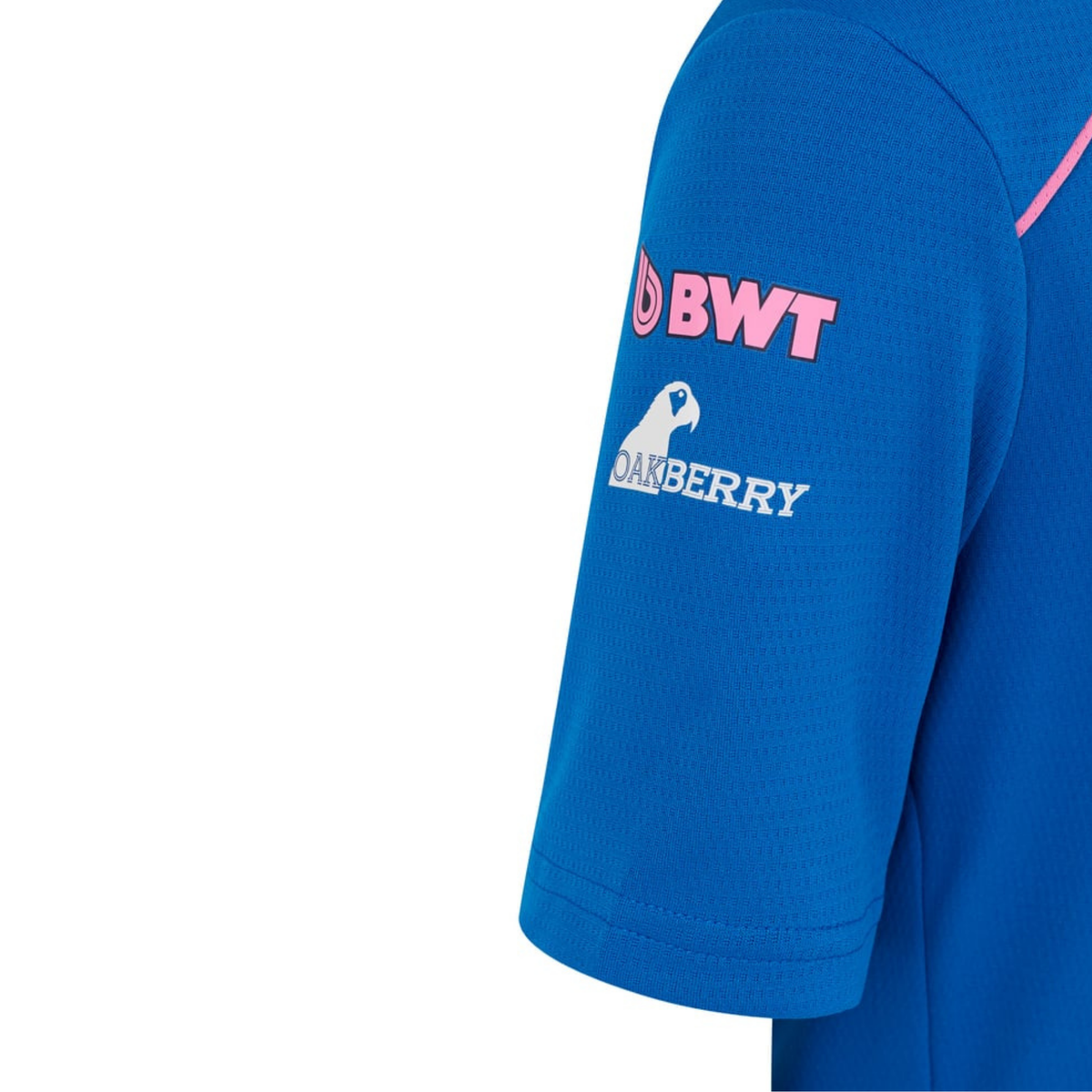 A blue and pink BWT Alpine F1 Team 2026 team t-shirt featuring a crew neck, pink piping accents, and official partner logos including BWT, Eni, and MSC across the chest.