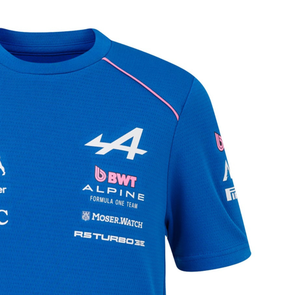 A blue and pink BWT Alpine F1 Team 2026 team t-shirt featuring a crew neck, pink piping accents, and official partner logos including BWT, Eni, and MSC across the chest.
