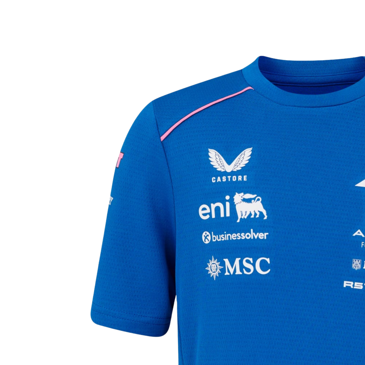 A blue and pink BWT Alpine F1 Team 2026 team t-shirt featuring a crew neck, pink piping accents, and official partner logos including BWT, Eni, and MSC across the chest.