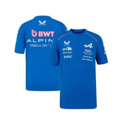 A blue and pink BWT Alpine F1 Team 2026 team t-shirt featuring a crew neck, pink piping accents, and official partner logos including BWT, Eni, and MSC across the chest.