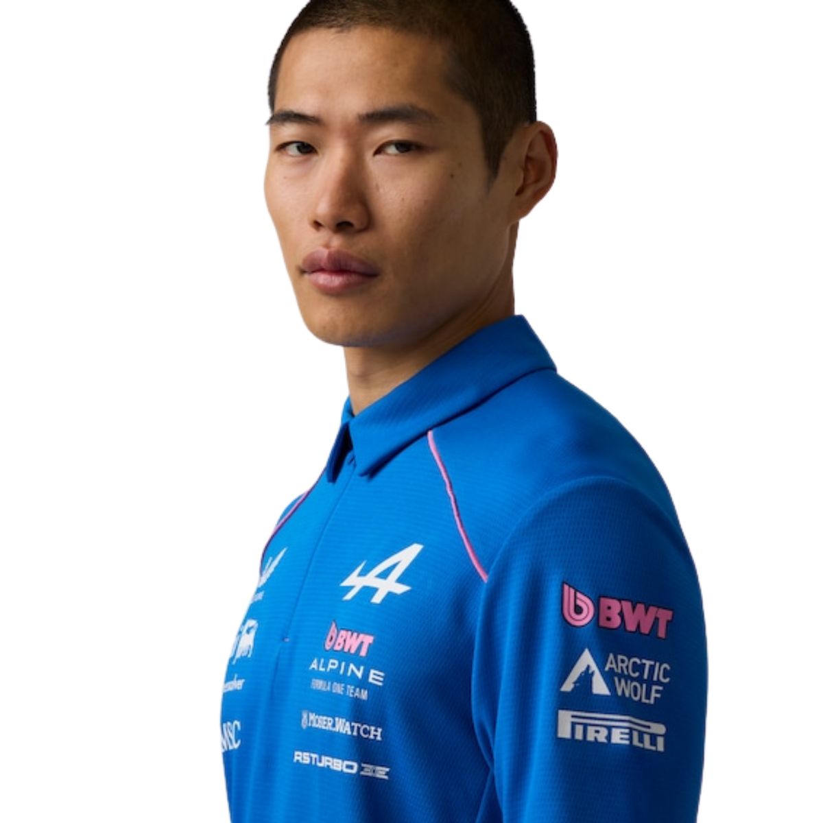 A blue and pink BWT Alpine F1 Team 2026 team t-shirt featuring a crew neck, pink piping accents, and official partner logos including BWT, Eni, and MSC across the chest.