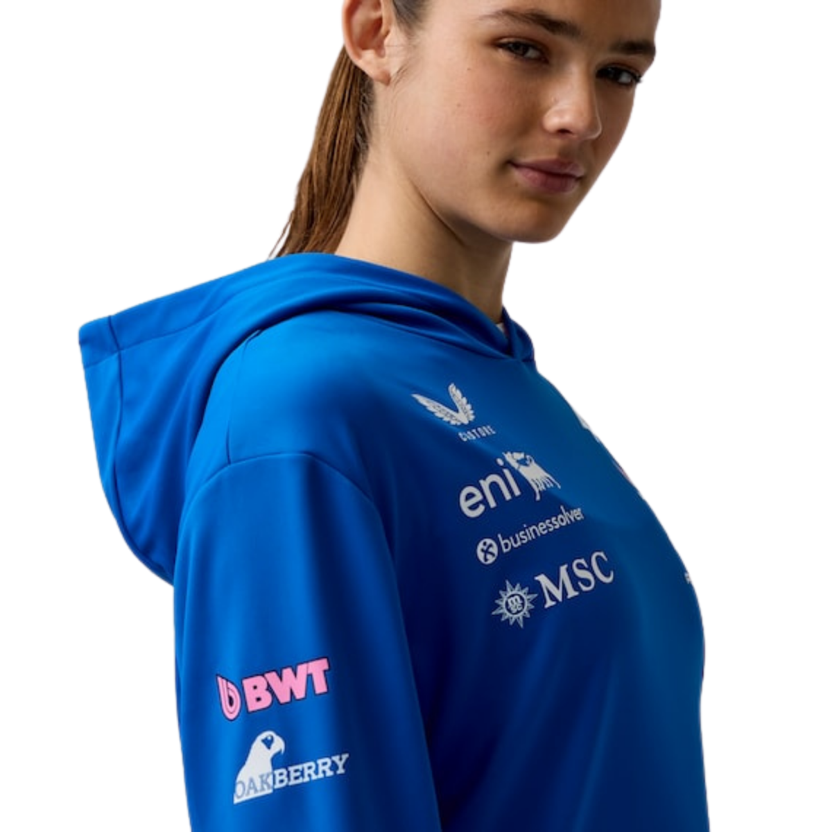 A blue and pink BWT Alpine F1 Team 2026 team t-shirt featuring a crew neck, pink piping accents, and official partner logos including BWT, Eni, and MSC across the chest.