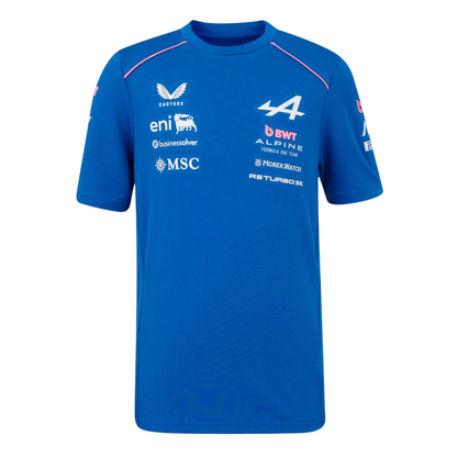 A blue and pink BWT Alpine F1 Team 2026 team t-shirt featuring a crew neck, pink piping accents, and official partner logos including BWT, Eni, and MSC across the chest.