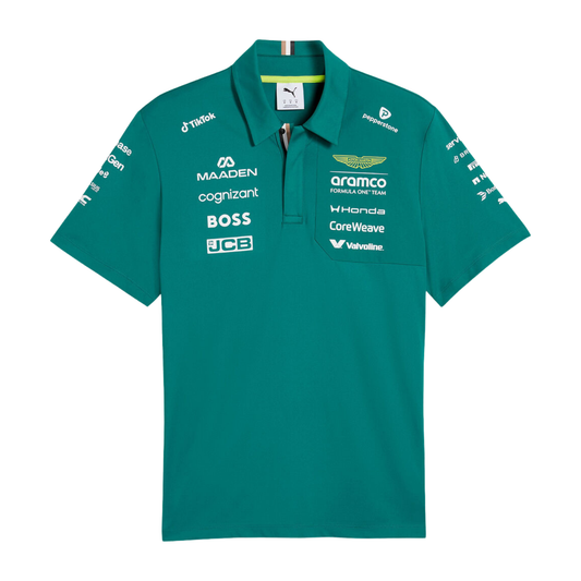 Official Aston Martin 2026 team polo shirt in green, featuring sponsor logos including Aramco, Honda, and Cognizant.