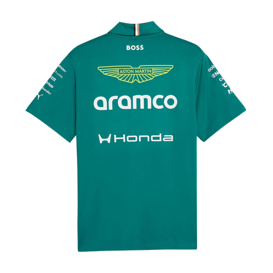 Official Aston Martin 2026 team polo shirt in green, featuring sponsor logos including Aramco, Honda, and Cognizant.
