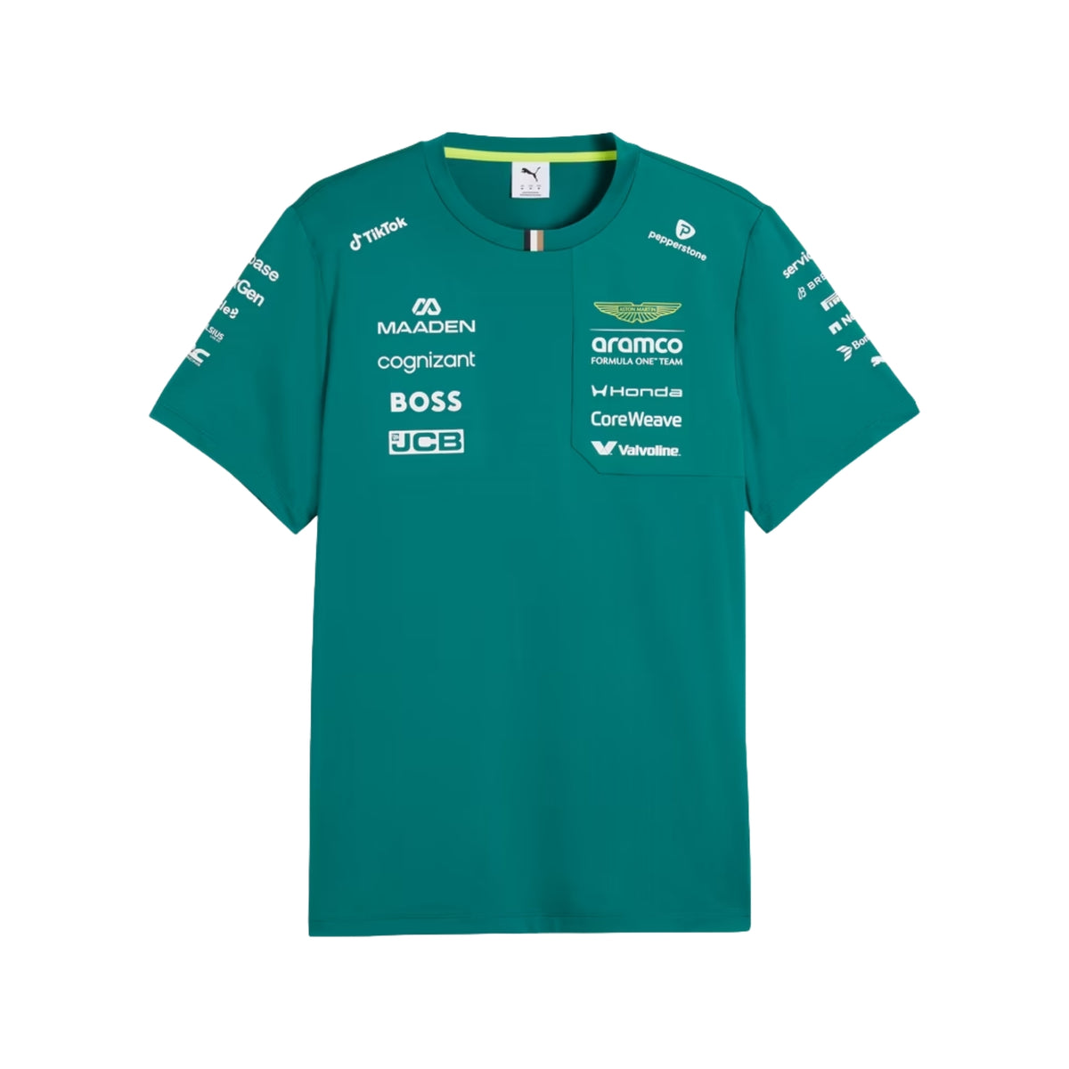 A racing green Aston Martin F1 2026 team t-shirt featuring a crew neck and official partner logos including Aramco, Honda, BOSS, and Cognizant across the chest.