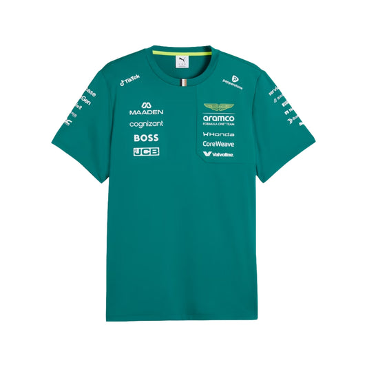 A racing green Aston Martin F1 2026 team t-shirt featuring a crew neck and official partner logos including Aramco, Honda, BOSS, and Cognizant across the chest.