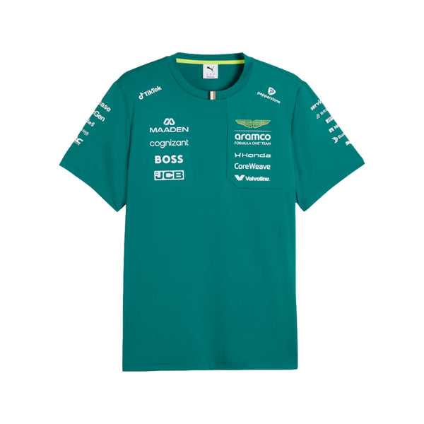 A racing green Aston Martin F1 2026 team t-shirt featuring a crew neck and official partner logos including Aramco, Honda, BOSS, and Cognizant across the chest.