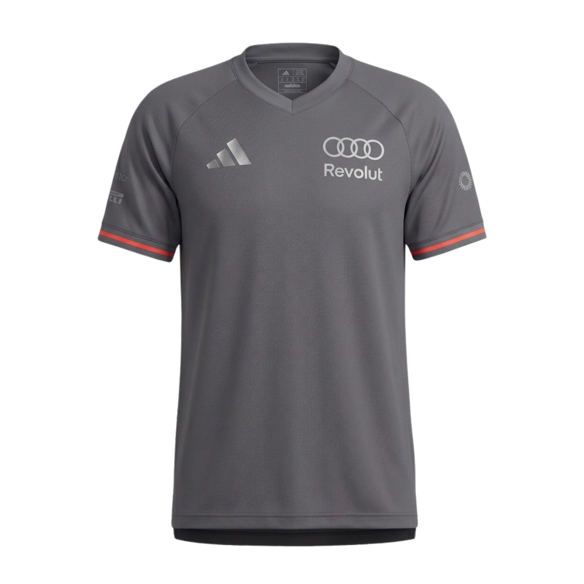 Official Audi 2026 team T-shirt in dark grey, featuring sponsor logos including Revolut, adidas, and Pirelli.