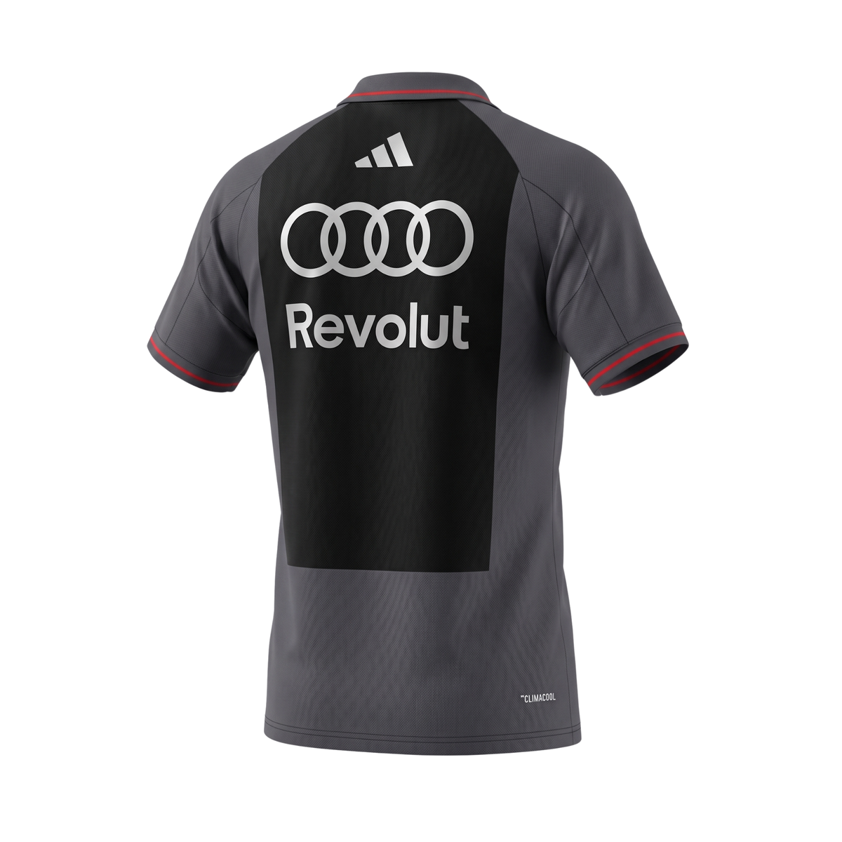 Official Audi 2026 team polo shirt in dark grey, featuring sponsor logos including Revolut, adidas, and Castrol.