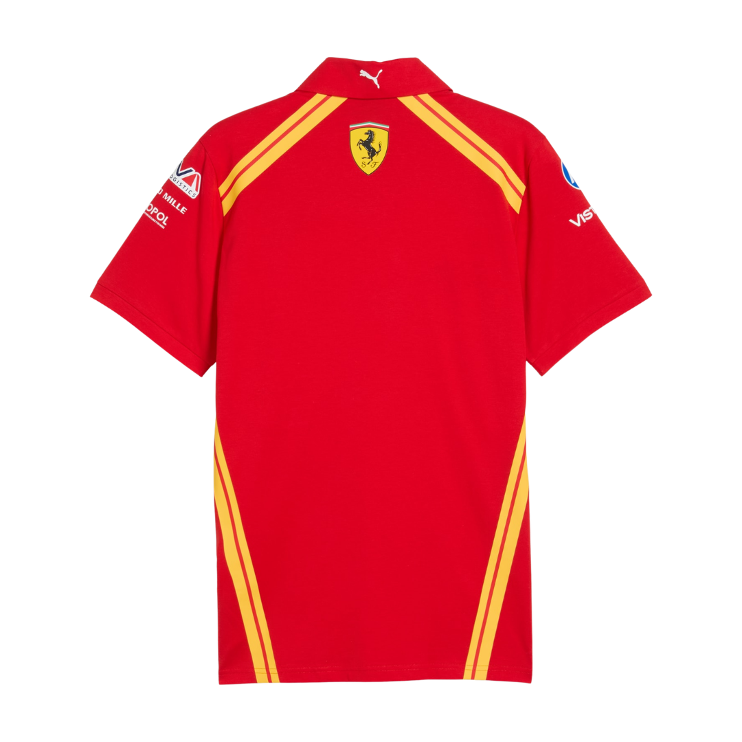 A red Ferrari Hypercar 2026 team polo shirt featuring a classic collar with yellow shoulder stripes, a short zipper placket, and official partner logos including FAGE and AF Corse across the chest.