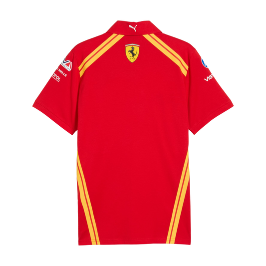 A red Ferrari Hypercar 2026 team polo shirt featuring a classic collar with yellow shoulder stripes, a short zipper placket, and official partner logos including FAGE and AF Corse across the chest.