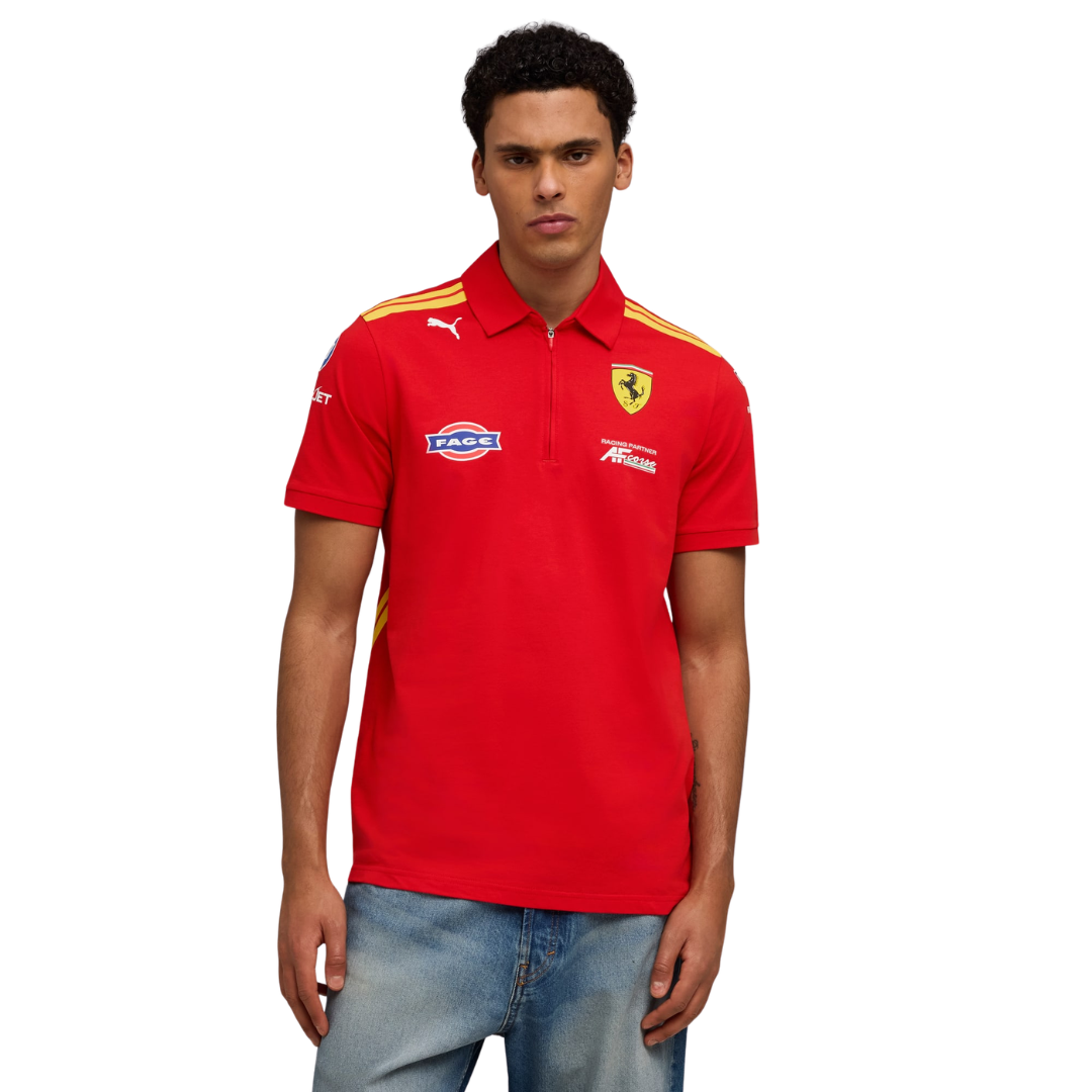 A red Ferrari Hypercar 2026 team polo shirt featuring a classic collar with yellow shoulder stripes, a short zipper placket, and official partner logos including FAGE and AF Corse across the chest.
