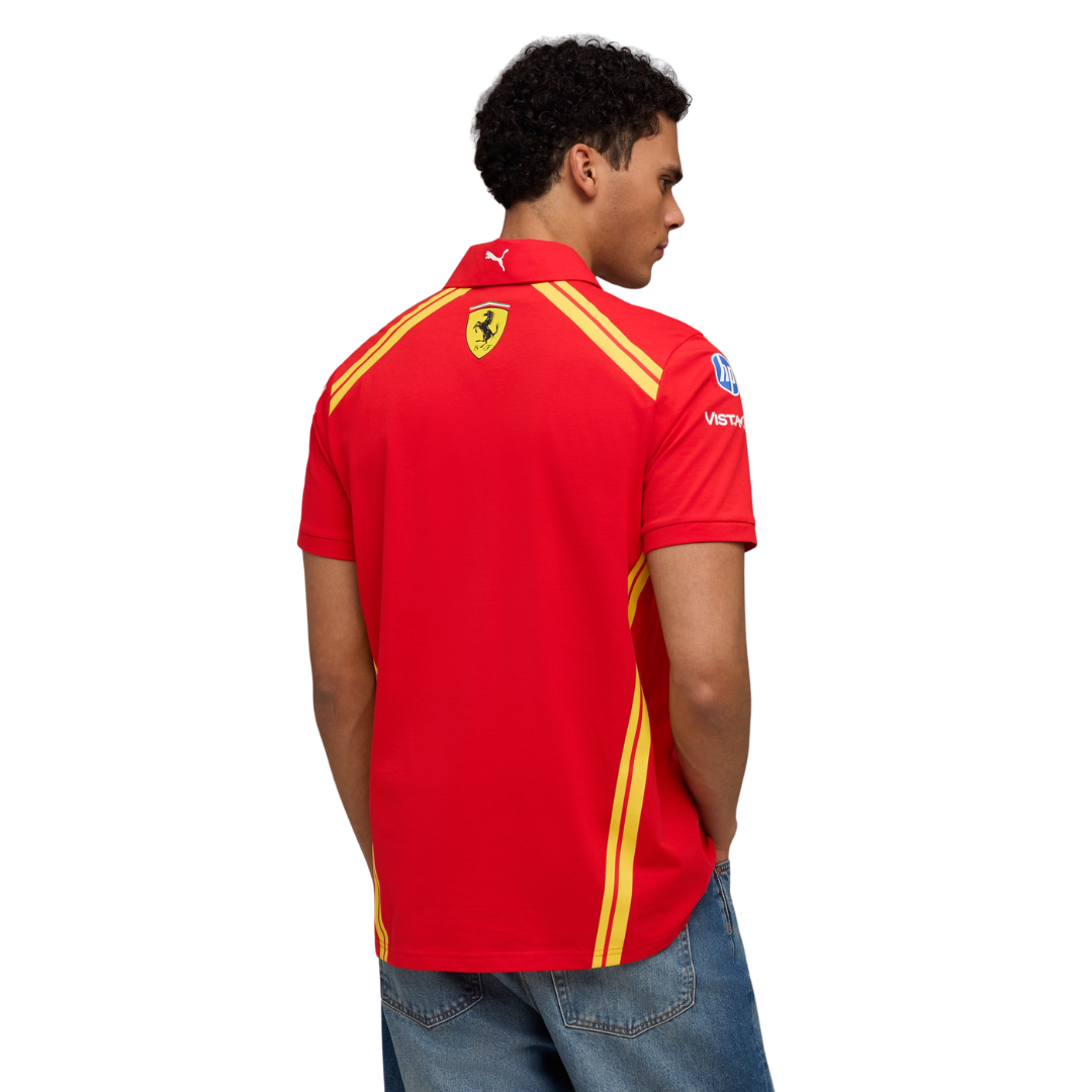 A red Ferrari Hypercar 2026 team polo shirt featuring a classic collar with yellow shoulder stripes, a short zipper placket, and official partner logos including FAGE and AF Corse across the chest.