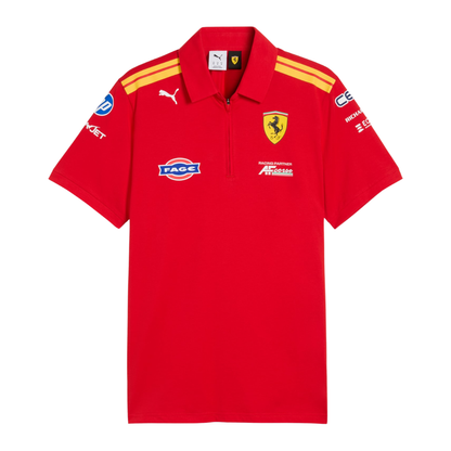 A red Ferrari Hypercar 2026 team polo shirt featuring a classic collar with yellow shoulder stripes, a short zipper placket, and official partner logos including FAGE and AF Corse across the chest.