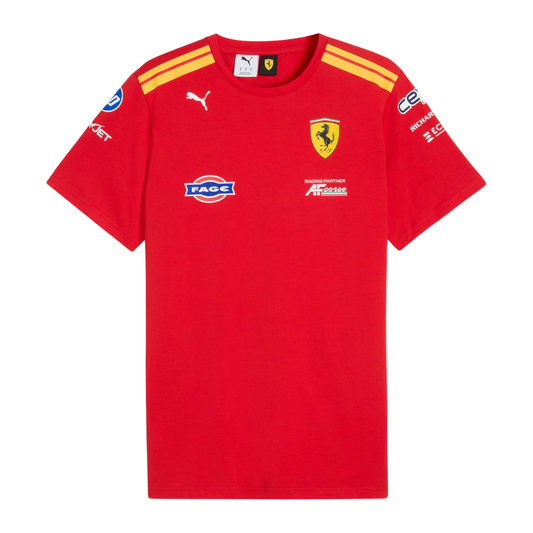 A red Ferrari Hypercar 2026 team t-shirt featuring a crew neck with yellow shoulder stripes, and official partner logos including FAGE and AF Corse across the chest.
