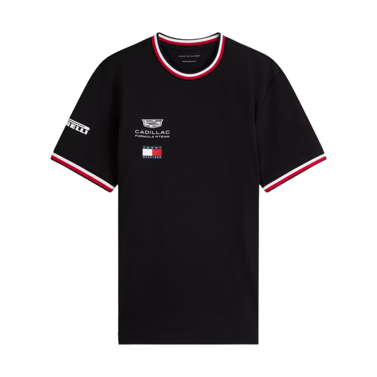 A black Tommy Hilfiger Cadillac Formula 1 Team t-shirt featuring a crew neck and sleeve cuffs with red and white stripes, and official sponsor logos including Cadillac and Pirelli across the chest and sleeves.