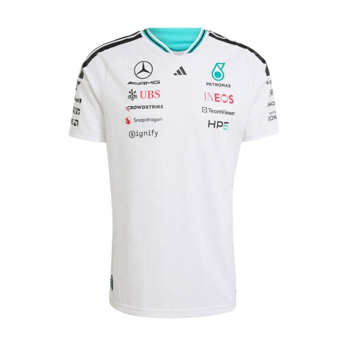 A white Mercedes-AMG Petronas 2026 team t-shirt featuring a V-neck collar with black shoulder stripes and vibrant teal inner trim, and official partner logos including Mercedes-AMG, Petronas, and UBS across the chest.