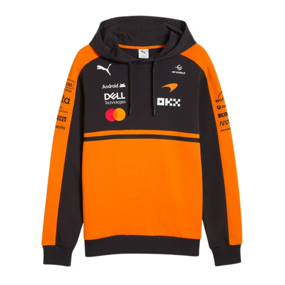 Official McLaren F1 Team 2026 team hoodie in papaya orange and dark grey, featuring sponsor logos including OKX, Dell Technologies, and Android.