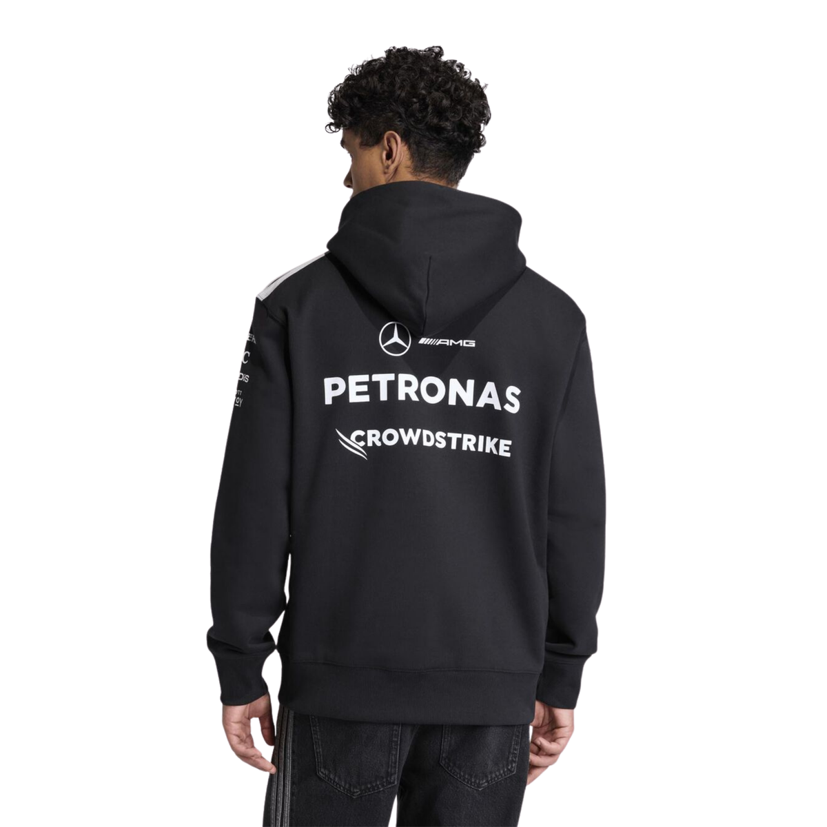 Official Mercedes-AMG Petronas 2026 team hoodie in black, featuring sponsor logos including INEOS, UBS, and CrowdStrike.
