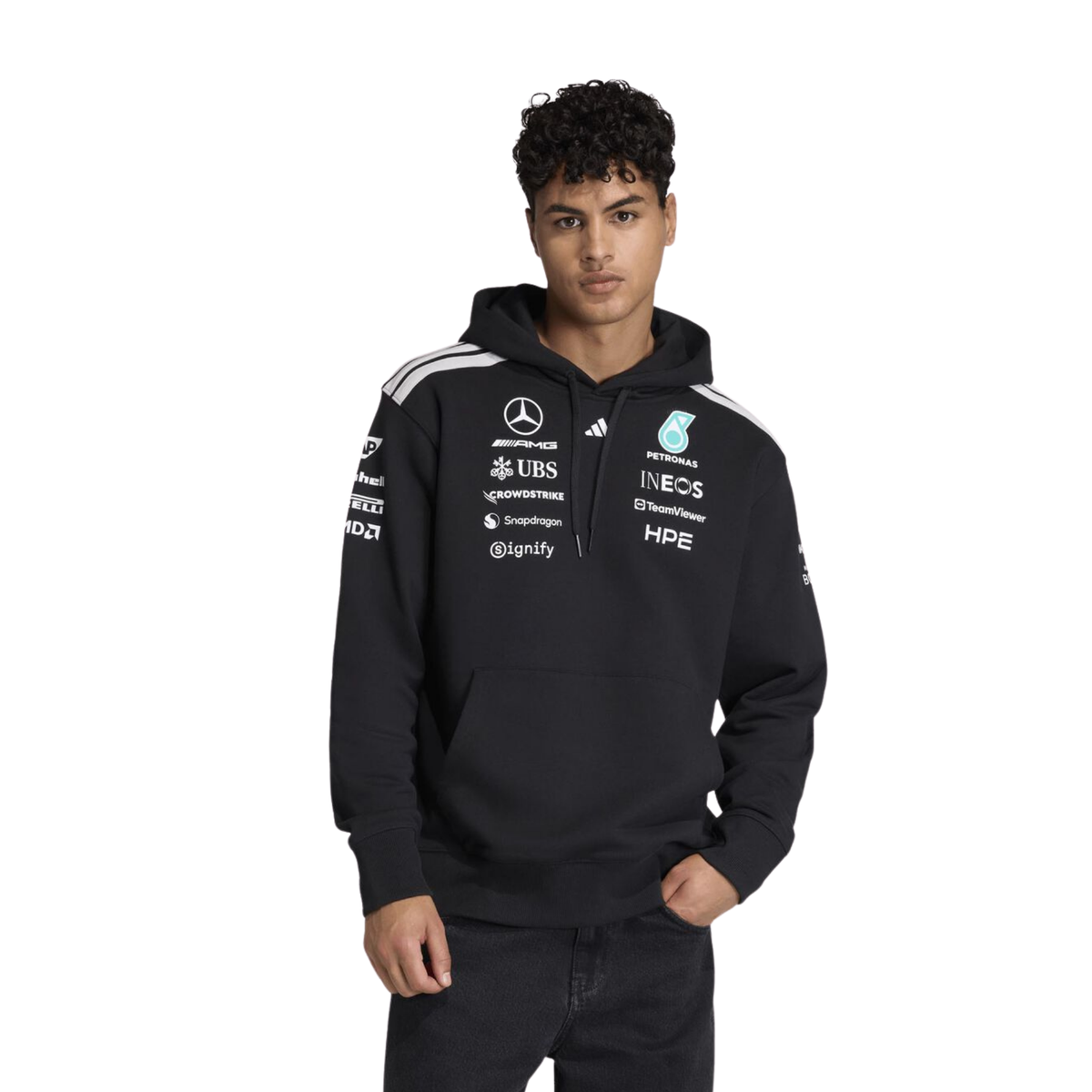 Official Mercedes-AMG Petronas 2026 team hoodie in black, featuring sponsor logos including INEOS, UBS, and CrowdStrike.