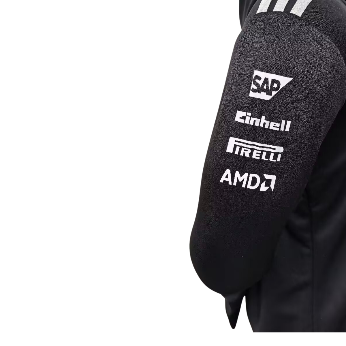 Official Mercedes-AMG Petronas 2026 team hoodie in black, featuring sponsor logos including INEOS, UBS, and CrowdStrike.