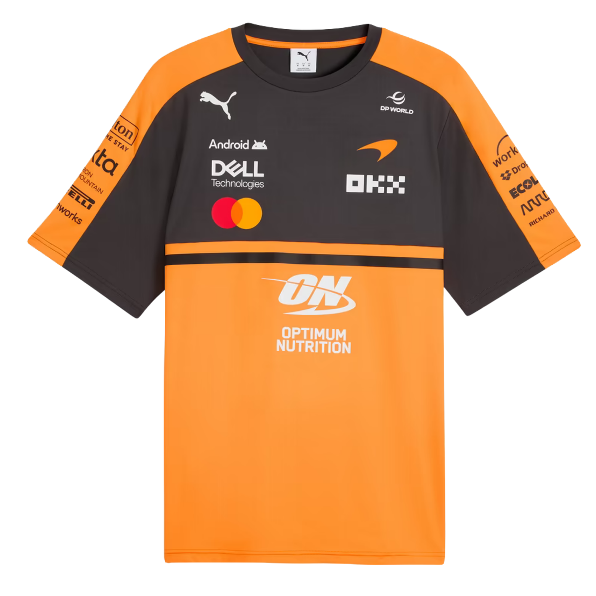 A papaya orange and charcoal McLaren F1 2026 team t-shirt featuring a crew neck and official partner logos including Android, Dell Technologies, OKX, and Optimum Nutrition across the chest.