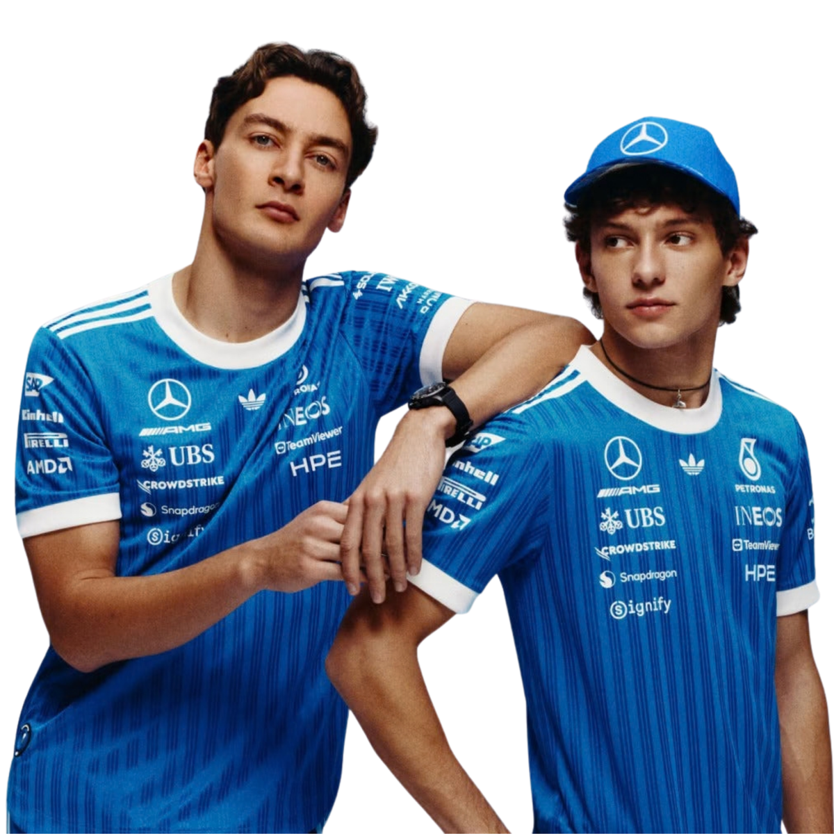 A blue and white Mercedes-AMG Petronas 2026 blue edition t-shirt featuring an all-over vertical pinstripe pattern, a white crew neck and sleeve cuffs, and official partner logos including Mercedes-AMG, Petronas, and UBS across the chest.