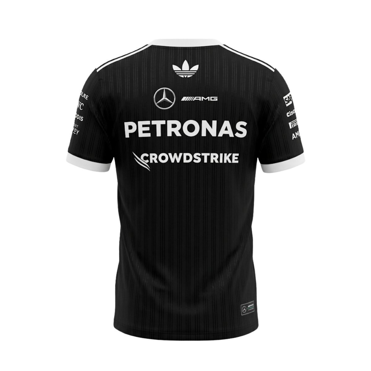 A black and white Mercedes-AMG Petronas 2026 black edition t-shirt featuring an all-over vertical pinstripe pattern, a white crew neck and sleeve cuffs with white shoulder stripes, and official partner logos including Mercedes-AMG, Petronas, and UBS across the chest.