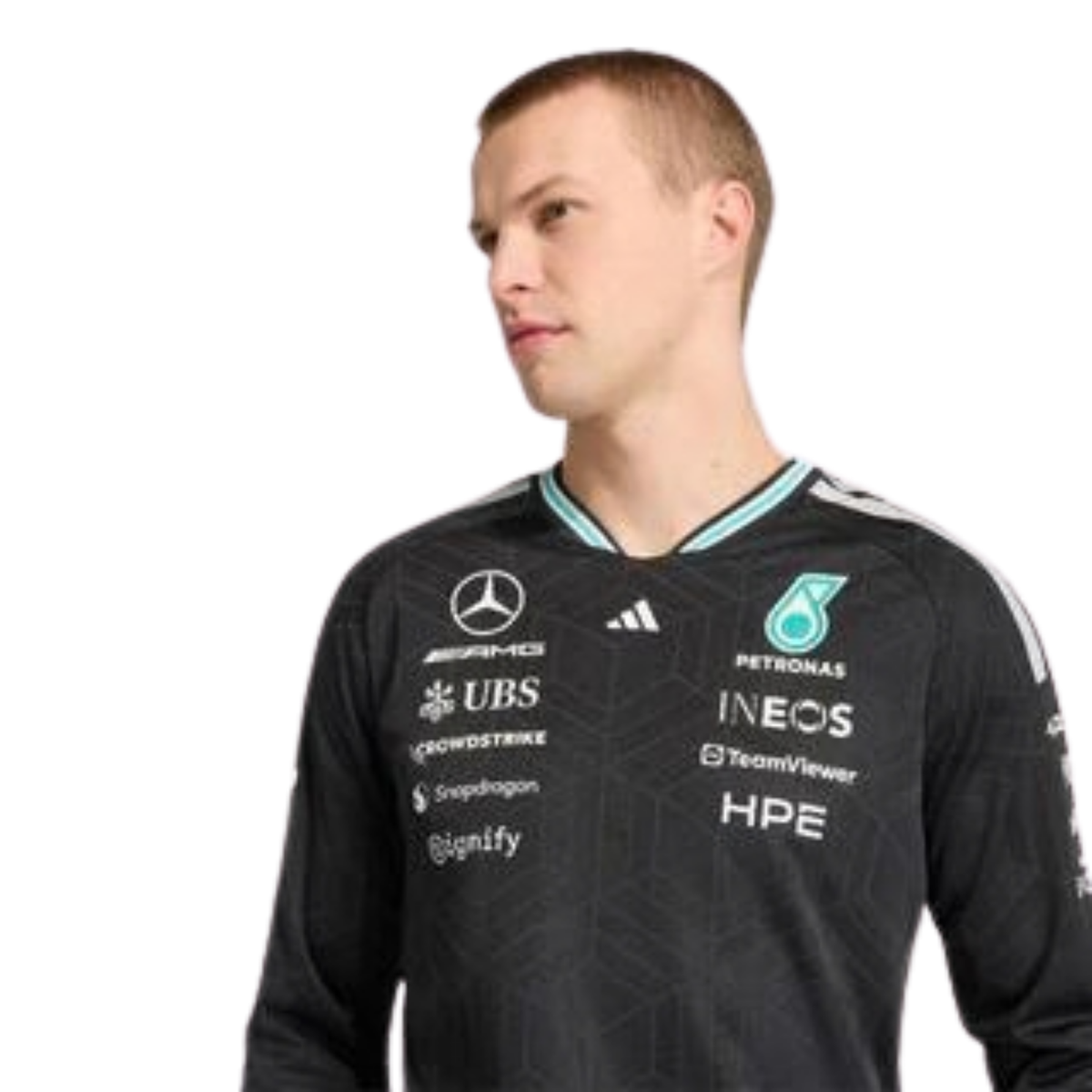 A black Mercedes-AMG Petronas 2026 team long-sleeve t-shirt featuring an all-over tonal geometric pattern, a V-neck collar with white shoulder stripes and vibrant teal inner trim, and official partner logos including Mercedes-AMG, Petronas, and UBS across the chest.