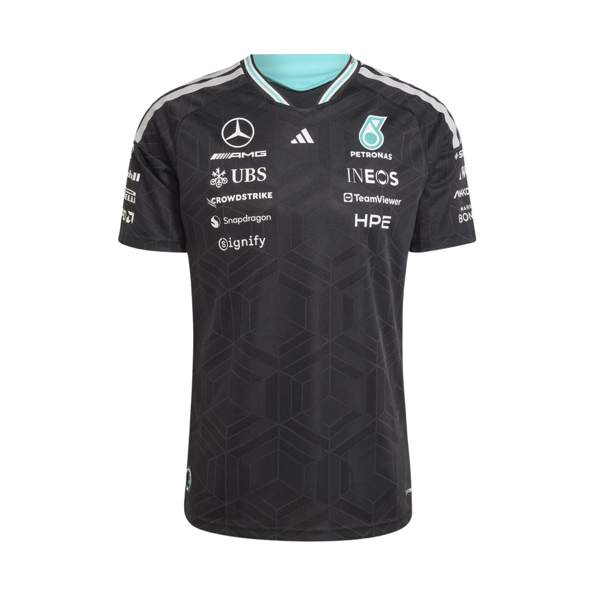 A black Mercedes-AMG Petronas 2026 driver t-shirt featuring an all-over tonal geometric pattern, a V-neck collar with white shoulder stripes and vibrant teal inner trim, and official partner logos including Mercedes-AMG, Petronas, and UBS across the chest.